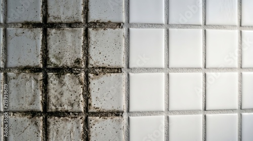 Closeup of white ceramic tiles showing moldy grout on left and clean tiles on right