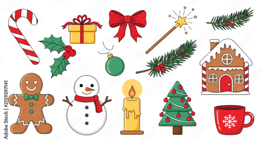 Fototapeta premium Seasonal Christmas Decor Collection Featuring Snowman, Gingerbread, Tree and Candles.