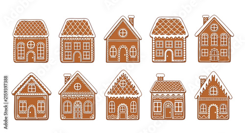 Row of Gingerbread House Illustrations Showcasing Festive Cookie Architecture for Holiday Decor.