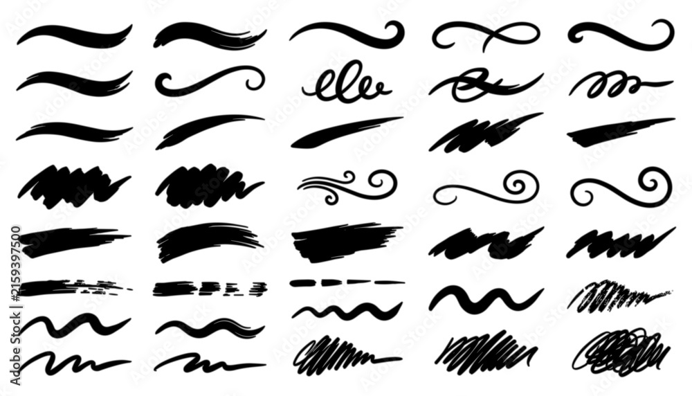 Obraz premium Set of handdrawn brush strokes, decorative swirls, and scribble textures for design elements
