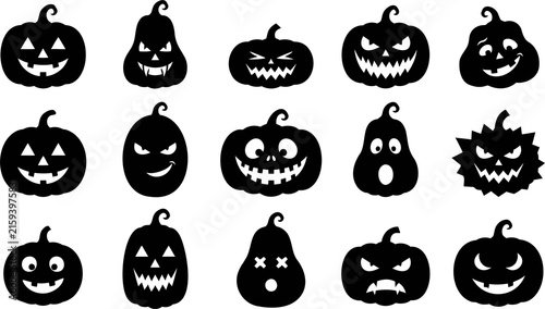 Obraz na płótnie Halloween pumpkin silhouette set, 15 spooky jack-o-lantern icons, black carved p
