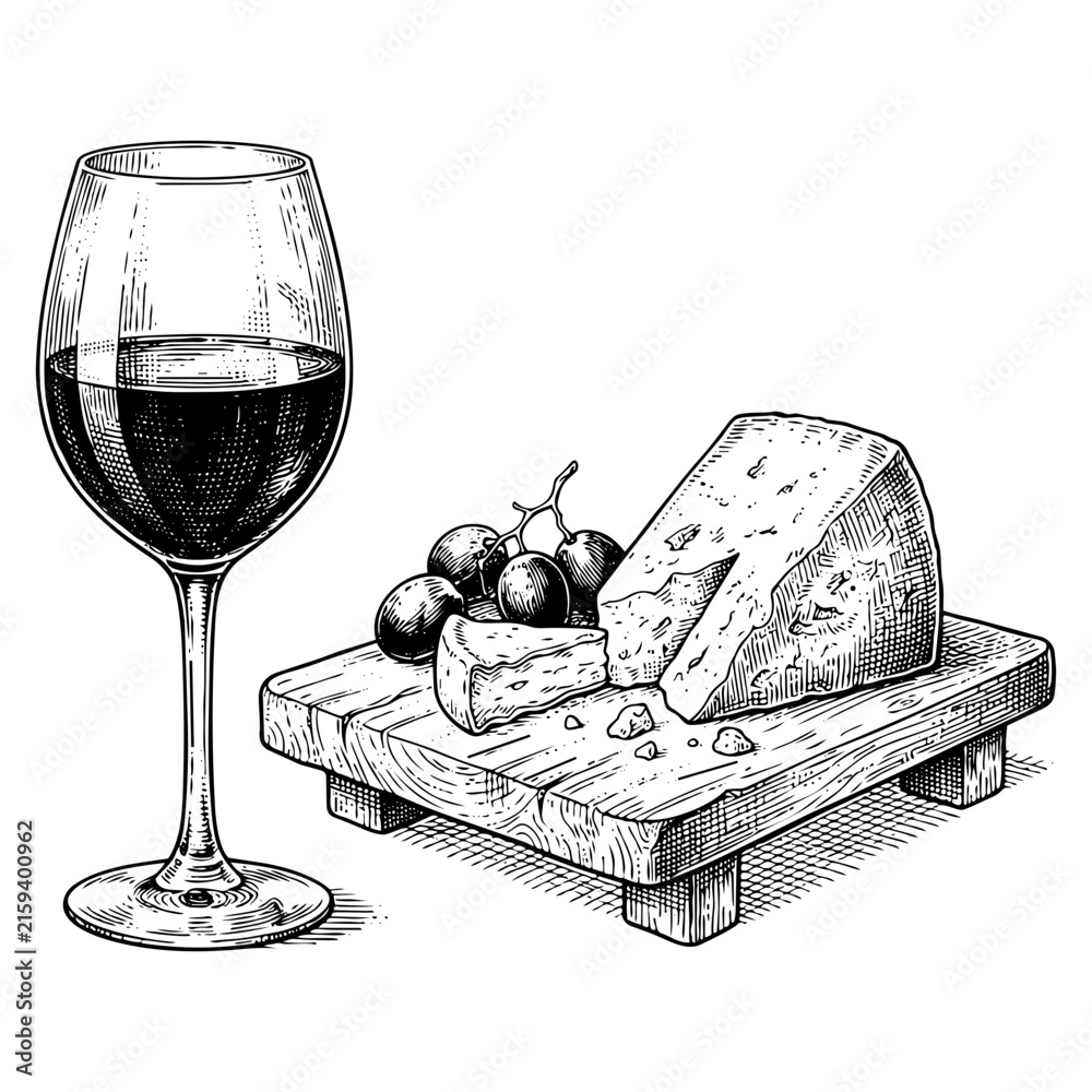 Obraz premium Glass of red wine with cheese and grapes on a wooden board in vintage style