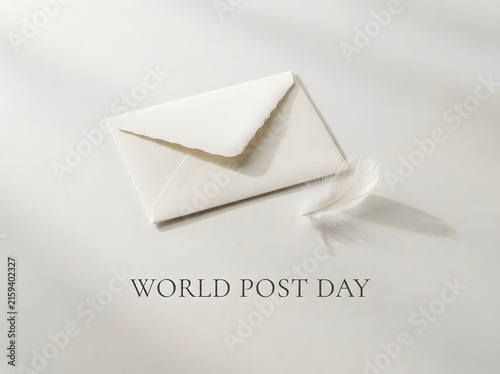 White envelope with a soft feather for world post day celebration and mail correspondence