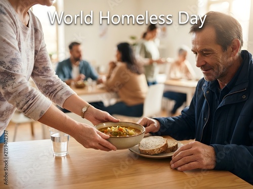 Volunteer serving a warm meal to a homeless man at a community soup kitchen food bank