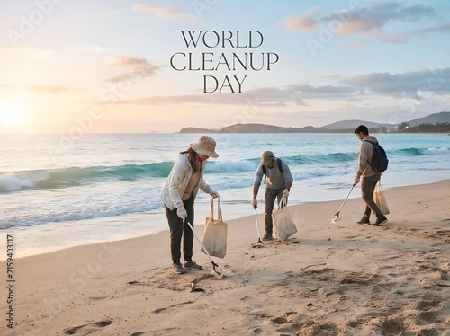 People cleaning up trash on the beach for world cleanup day event
