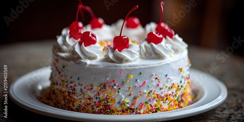 Round vanilla cake topped with whipped cream swirls, red cherries and rainbow sprinkles on white plate