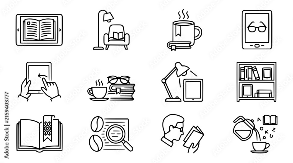 Fototapeta premium Reading Icons Set: Books, E-reader, Coffee, Lamp, Armchair, Library