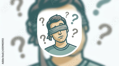 Obraz na płótnie Blindfolded man character surrounded by floating question marks.