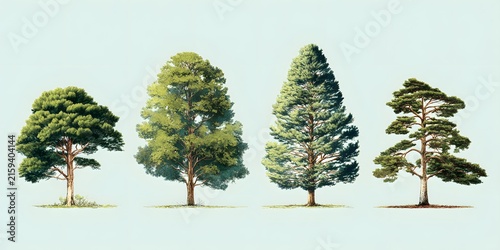 Four different tree species displayed in a row against a plain light background.