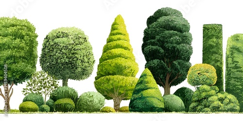 A collection of diverse and lush trees arranged side by side against a white background.