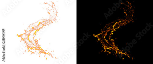 Golden liquid splash isolated on white and black backgrounds, dynamic amber water crown, whiskey splash design element