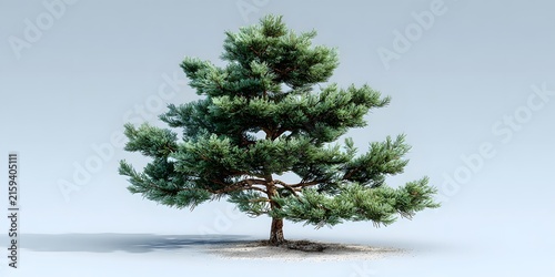 A lush green pine tree stands alone on a sandy patch against a pale gray backdrop.