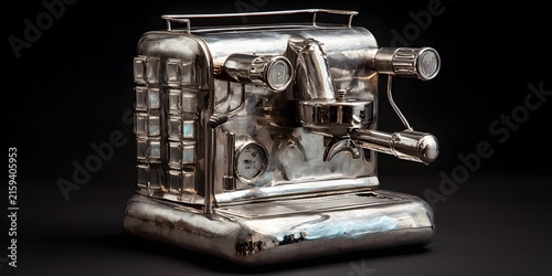 Vintage chrome espresso machine sits against dark background