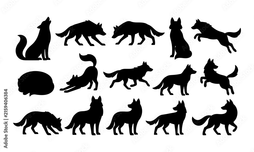 Fototapeta premium Wolf silhouettes set, collection of black canine icons in various poses and actions.