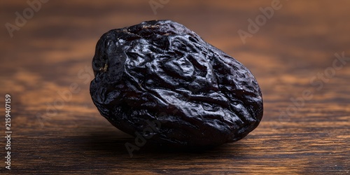 A single dried dark prune rests on a weathered wooden surface with dramatic lighting highlighting its wrinkled texture.