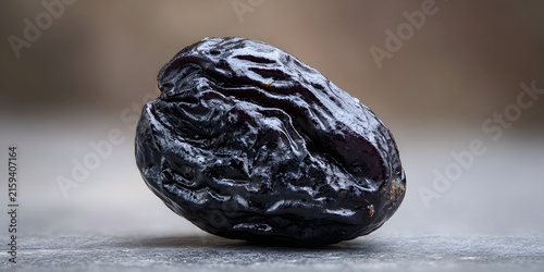 Closeup view of a dark wrinkled prune resting on a flat surface.