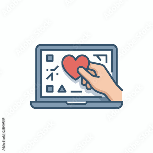 Placing heart icon on laptop screen with symbols.
