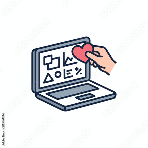 Hand placing heart sticker on data dashboard laptop.