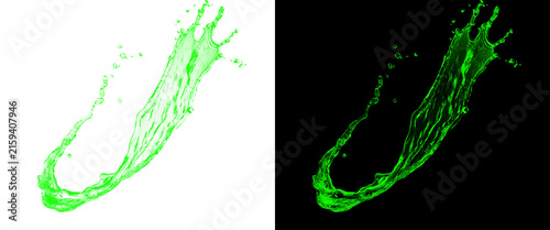 Dynamic green water splash isolated on white and black backgrounds, fresh liquid splashing effect, lime juice splash for beverage design