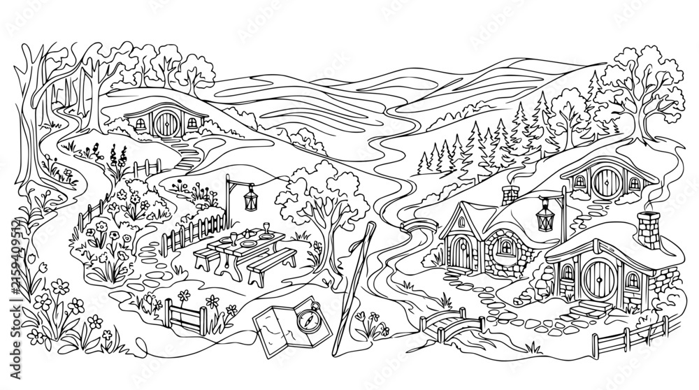 Fototapeta premium Whimsical Hobbit Village Landscape Line Art Coloring Page