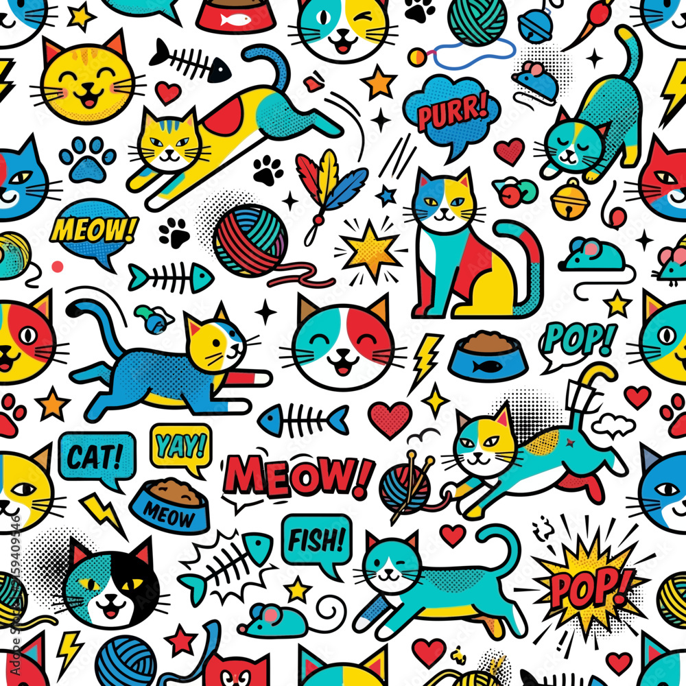 Naklejka premium Colorful pop art cat seamless pattern with comic style doodles