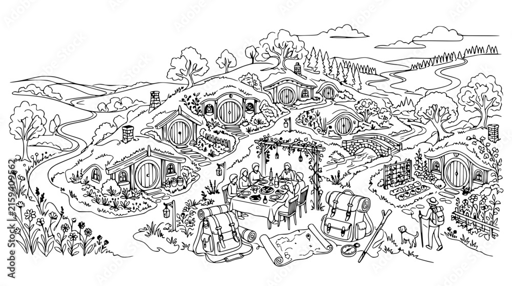 Fototapeta premium Fantasy Hobbit Village Landscape Drawing, Rolling Hills, Cozy Homes, Outdoor Feast