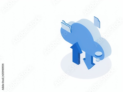 Obraz na płótnie Isometric cloud storage icon with upload arrow and documents