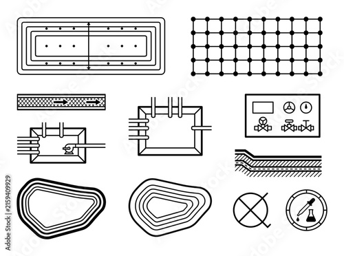 Mining heap leach pad diagram and industrial process icons set