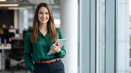 A smiling young businesswoman holding a tablet stands in a modern office near a large window.