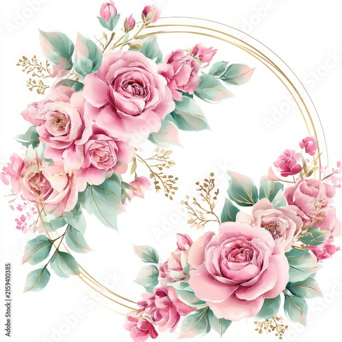 Romantic Blush Pink Watercolor Wedding Arch with Roses and Gold Circle