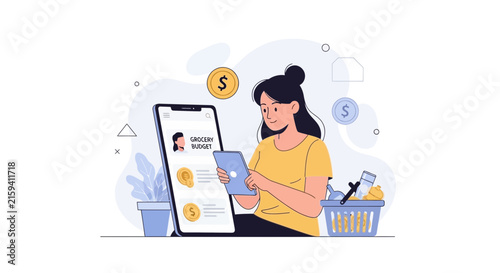 Woman Managing Grocery Budget on Smartphone, Financial Planning Concept