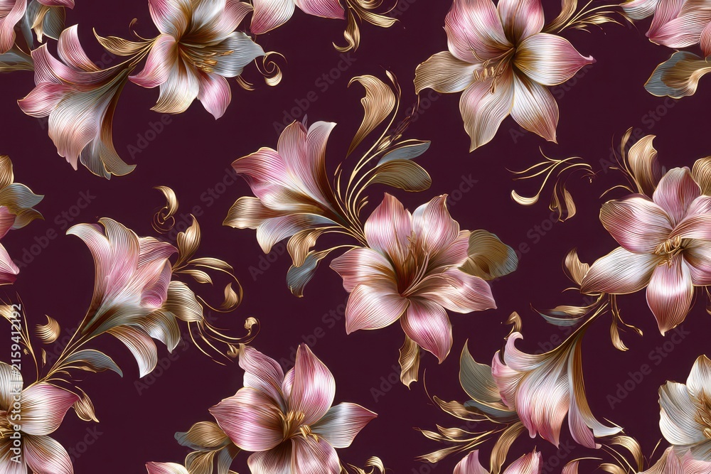 Fototapeta premium Luxury Burgundy Botanical Seamless Pattern with Lily Amaryllis and Acanthus Foliage