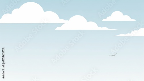 White bird flying in clear blue sky with fluffy clouds