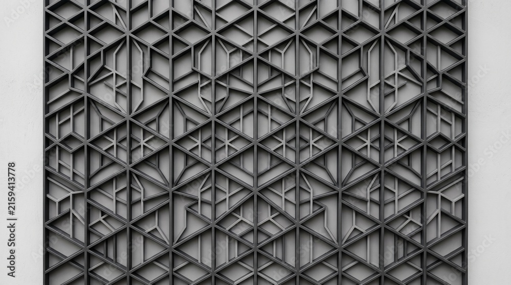 Black diagonal grid pattern with sharp intersecting lines and dramatic shadow play on white background