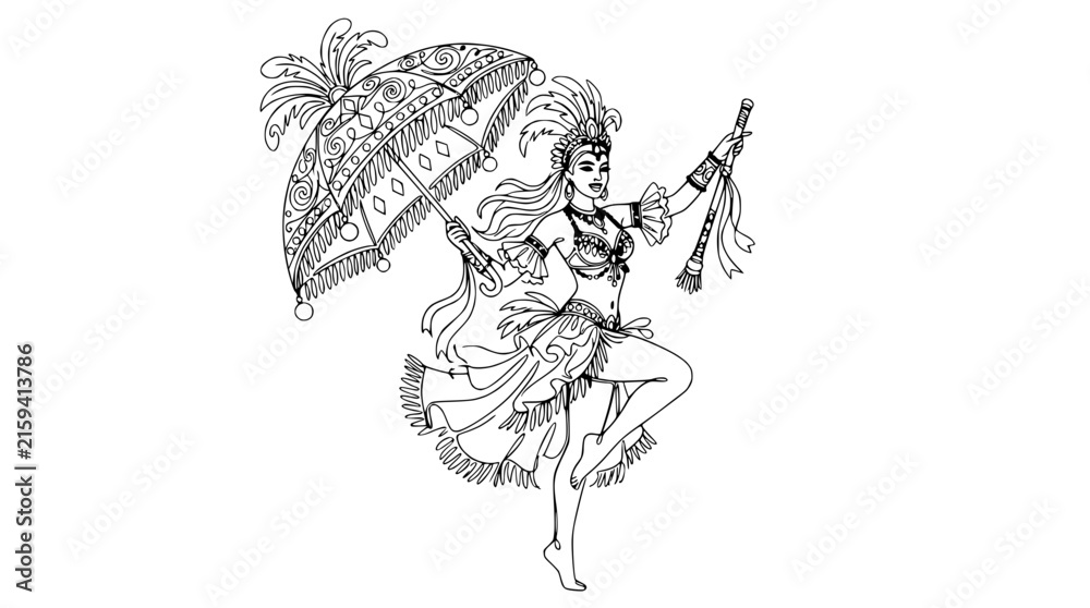 Obraz premium Mardi Gras Dancer with Umbrella and Baton, Isolated