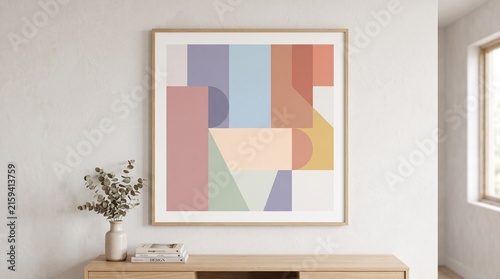 Modern geometric abstract art print with pastel color blocks in minimalist white living room decor