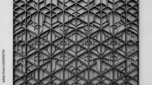 Black diagonal grid pattern with sharp intersecting lines and dramatic shadow play on white background
