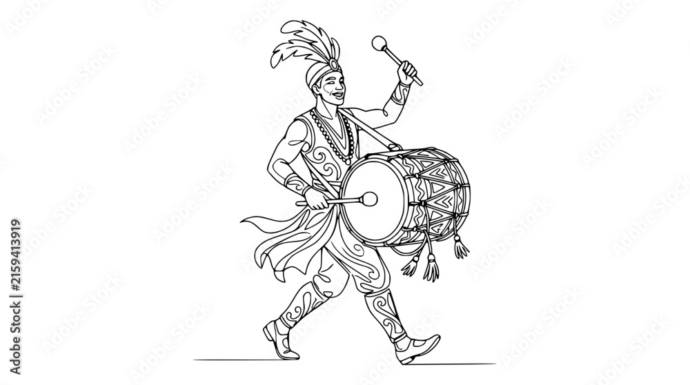 Fototapeta premium Musician Playing Drum with Drumsticks, Festive Attire, Isolated
