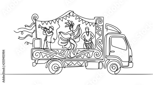 Carnival Parade Float with Dancers and Musicians, Single Line Art