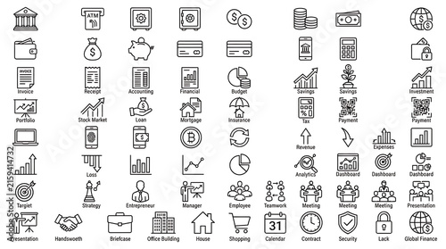 Banking and investment line icon set displays financial graphics for web and mobile interfaces.