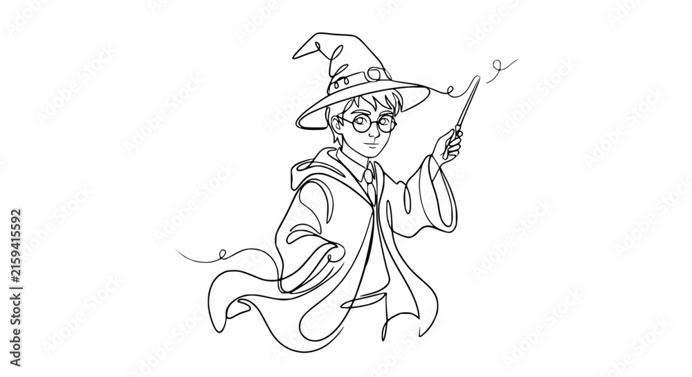 Fototapeta premium Magic Boy Wizard Hat Wand Spell Line Art Isolated