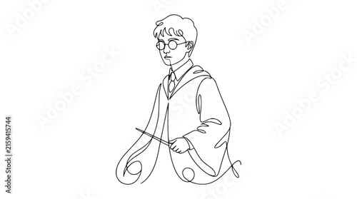 Young wizard holding magic wand, continuous line drawing, isolated on white