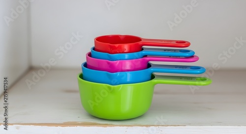 Measuring cups set stacked on a light wooden shelf