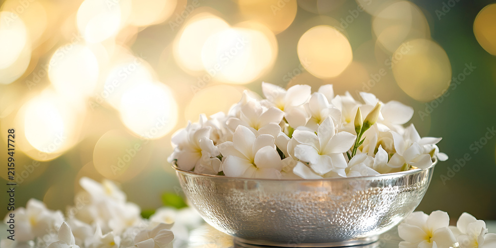 Obraz premium Fresh White Jasmine Flowers in Glass Bowl with Soft Natural Bokeh Background