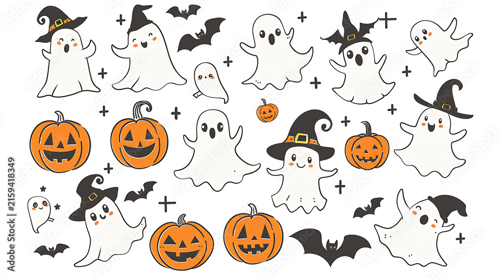 Fototapeta premium Isolated cute hand drawn Halloween ghost and pumpkin vector sticker pack on white for kids party digital scrapbooking and festive UI assets