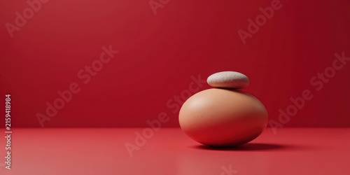 A single stone rests delicately atop a larger oval shape against a vibrant red backdrop.  This simple yet elegant composition evokes a sense of balance and tranquility.