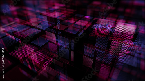Futuristic Digital Data Grid With Glowing Magenta And Blue Blocks Creating An Abstract Technology Background, Artificial Intelligence And Technology Digital Concept 3d Rendering