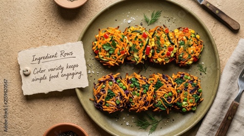 Top view of colorful healthy vegetable fritters arranged in two rows on a ceramic plate with a handwritten note on a rustic table, showcasing nutritious meal preparation and creative food styling