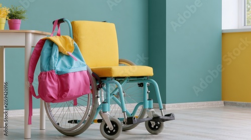 Inclusive education. Child wheelchair with school backpack represents accessible learning, student mobility, disability support and equal education opportunities.