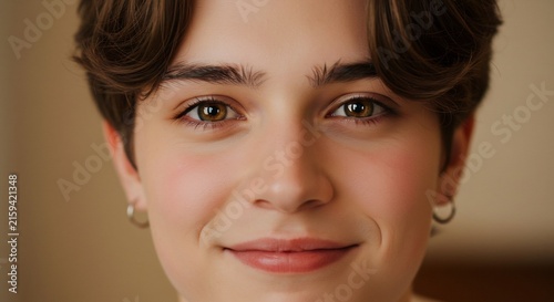 Portrait of a Young Woman with Kind Eyes: A close-up portrait captures the gentle gaze and warm smile of a young woman, her expressive eyes holding a hint of youthfulness and inner calm.